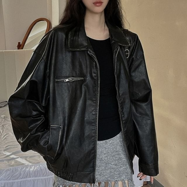 Porstina-Faux Leather Zip Jacket