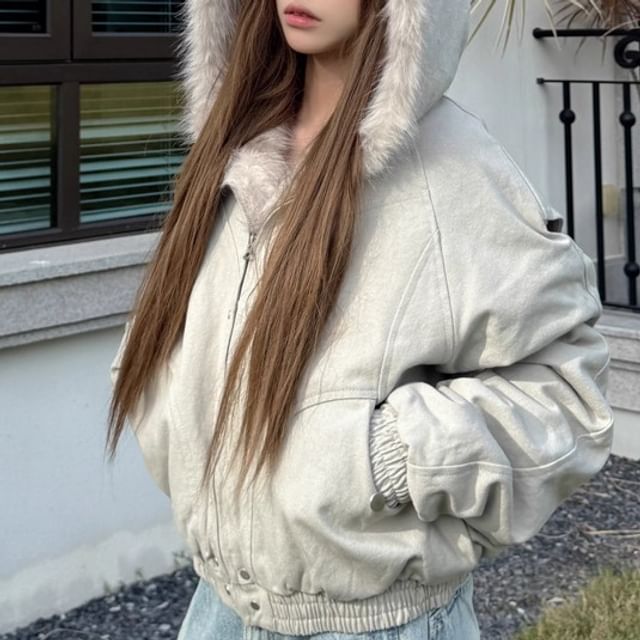 Porstina-Fluffy Hooded Plain Zip Jacket