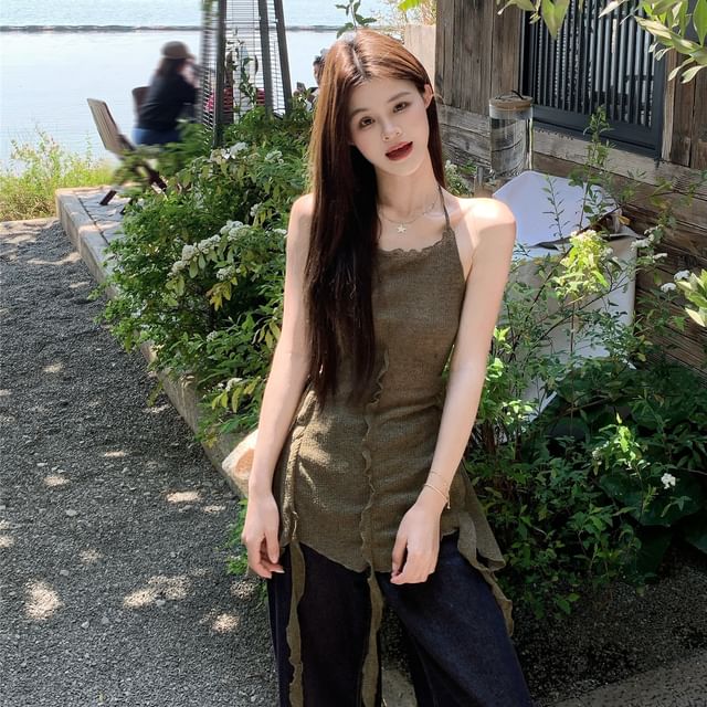Porstina-Halter-Neck Asymmetrical Ruffled Top