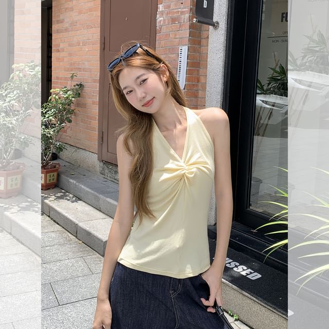 Porstina-Halter V-Neck Plain Ruched Open Back Crop Top