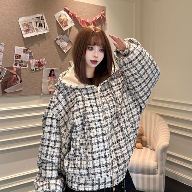 Porstina-Hooded Zip-Up Plaid Jacket
