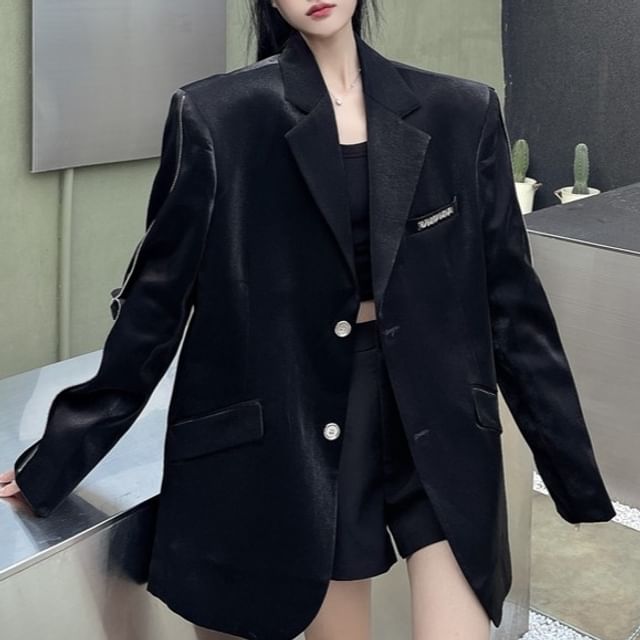 Porstina-Lapel Collar Zip Detail Buttoned Oversized Blazer