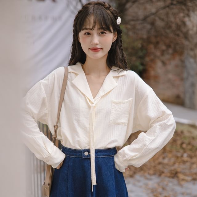 Porstina-Long Sleeve Collared Plain Blouse
