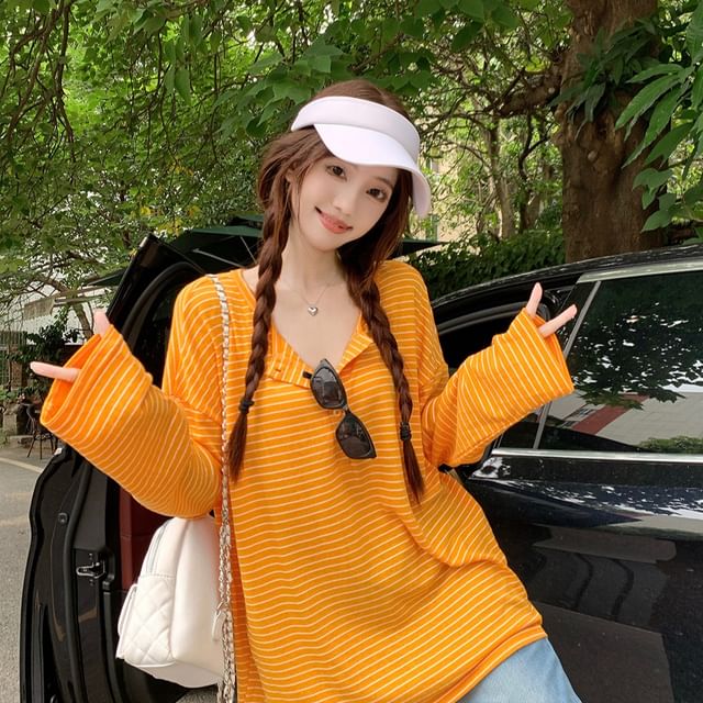 Porstina-Long-Sleeve Henley Striped Tee