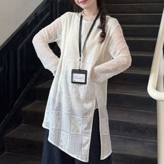 Porstina-Long Sleeve Mock Neck Plain Sheer Top Round Neck Plain Slit Vest