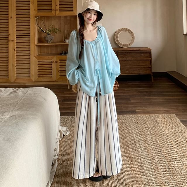 Porstina-Long-Sleeve Scoop Neck Button-Up Plain Blouse Drawstring Waist Striped Wide Leg Pants