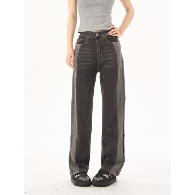 Porstina-Mid Waist Two Tone Patchwork Straight Leg Jeans