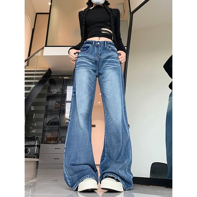 Porstina-Mid Waist Washed Flared Jeans