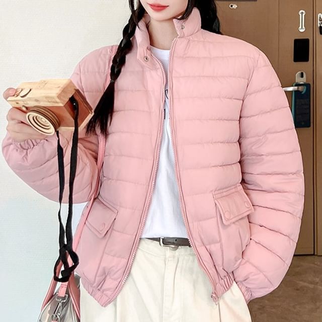 Porstina-Mock Neck Plain Zip-Up Puffer Jacket