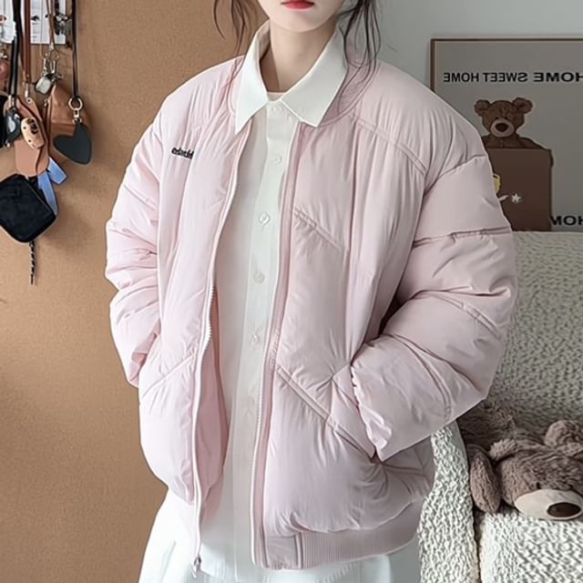 Porstina-Plain Zip Puffer Bomber Jacket
