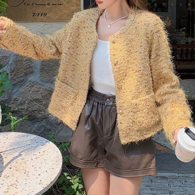 Porstina-Round Neck Melange Tweed Button Jacket