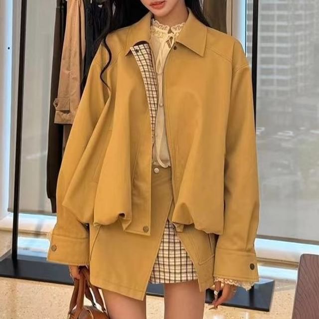 Porstina-Set Collared Plaid Panel Zip-Up Jacket High Rise Asymmetrical Mini A-Line Cargo Skirt