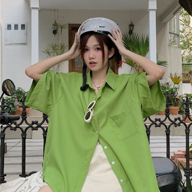 Porstina-Short Sleeve Collared Plain Button Up Shirt