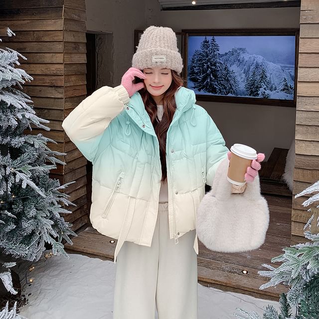Porstina-Stand Collar Gradient Hood Zip Puffer Jacket