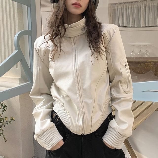 Porstina-Stand Collar Plain Panel Faux Leather Zip Jacket