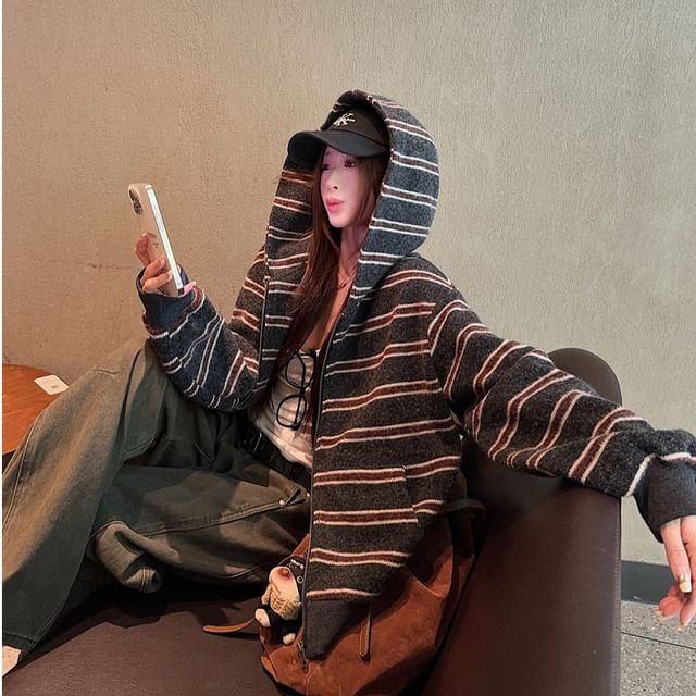 Porstina-Striped Zip-Up Hoodie
