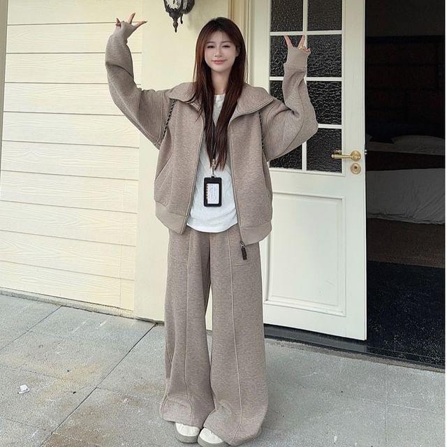 Porstina-Zip-Up Plain Jacket Mock Neck Half Zip Crop Pullover High Rise Baggy Pants
