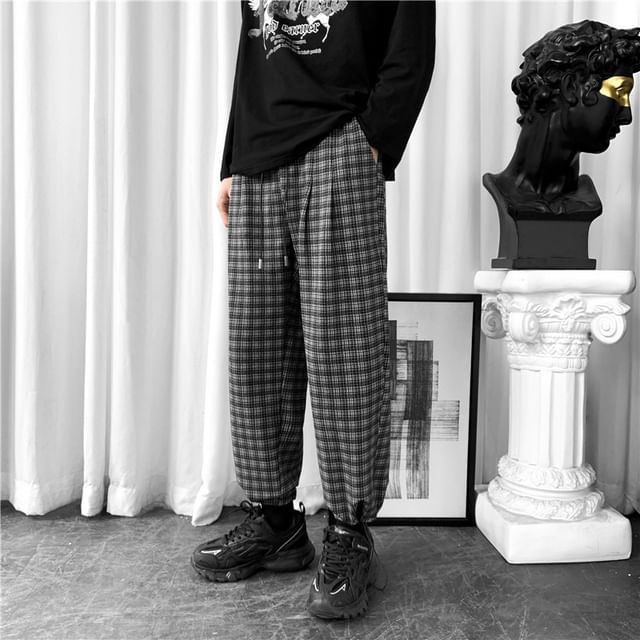 POSI-Drawstring Waist Plaid Harem Pants