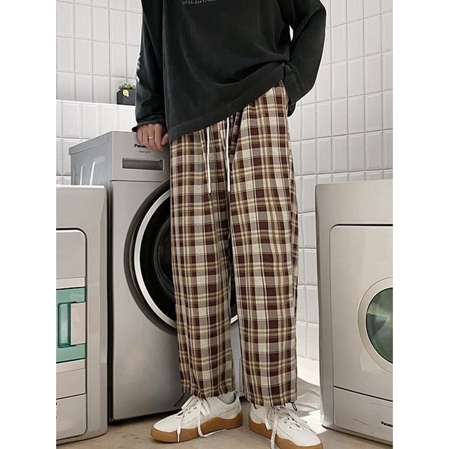 POSI-Drawstring Waist Plaid Harem Pants