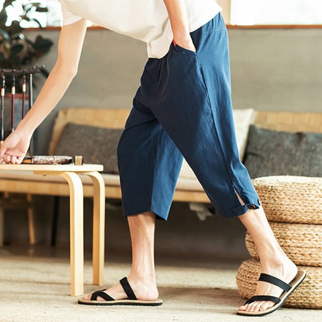 POSI-Drawstring Waist Plain Button Hem Capri Straight Leg Pants