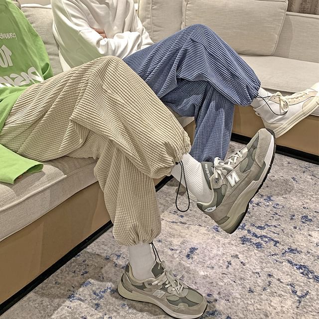 POSI-Drawstring Waist Plain Corduroy Harem Pants