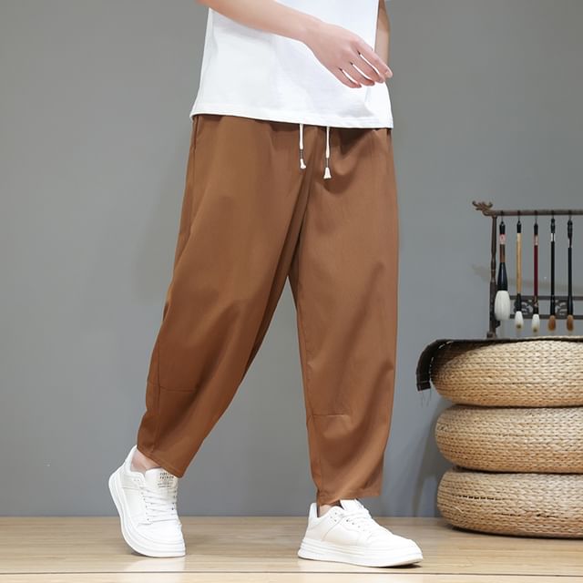 POSI-Drawstring Waist Plain Cropped Harem Pants