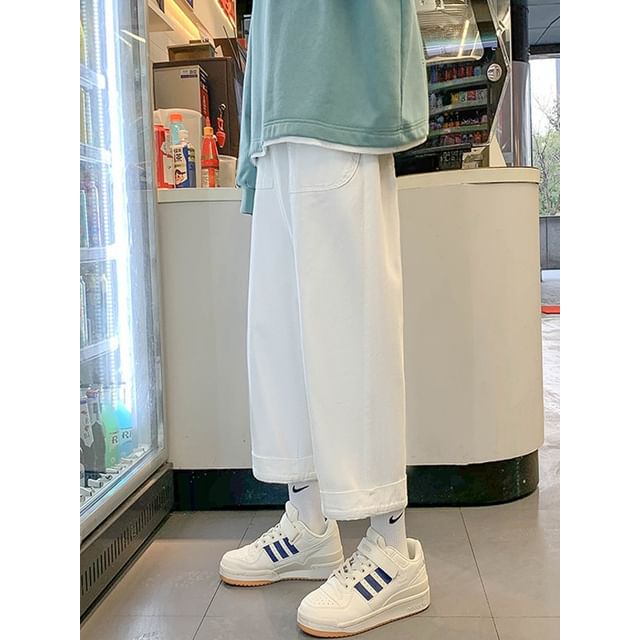 POSI-Drawstring Waist Plain Cropped Loose Fit Pants