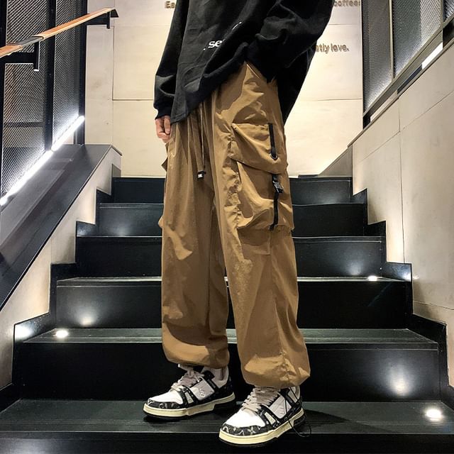 POSI-Drawstring Waist Plain Loose Fit Cargo Pants