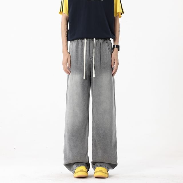 POSI-Drawstring Waist Washed Baggy Jeans