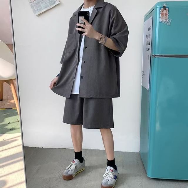 POSI-Set Elbow-Sleeve Notch Lapel Plain Single-Breasted Blazer Drawstring Waist Shorts