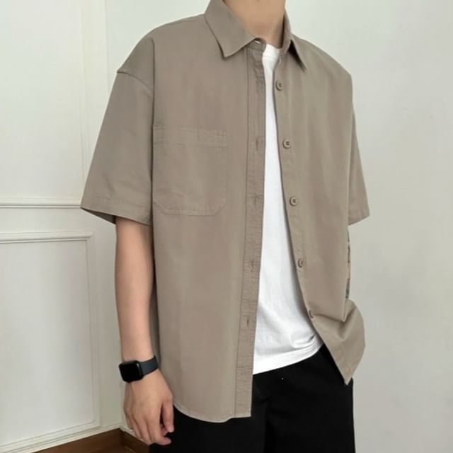 POSI-Short Sleeve Collared Plain Shirt