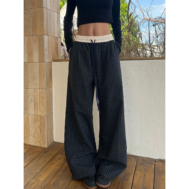 Posive-Drawstring Waist Plaid Baggy Pants