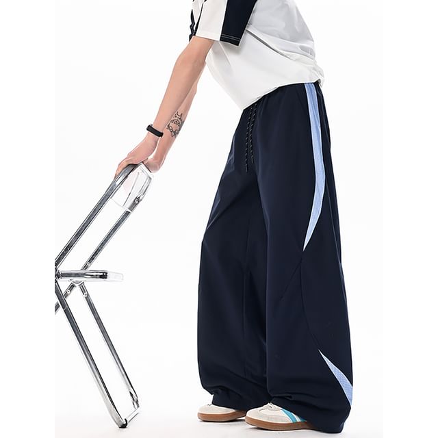 Posive-Drawstring Waist Plaid Panel Baggy Pants