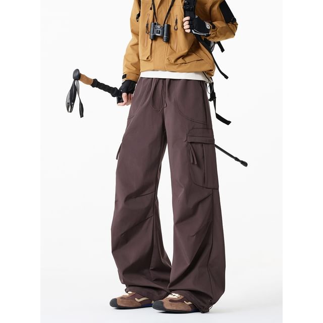 Posive-Drawstring Waist Plain Baggy Cargo Pants