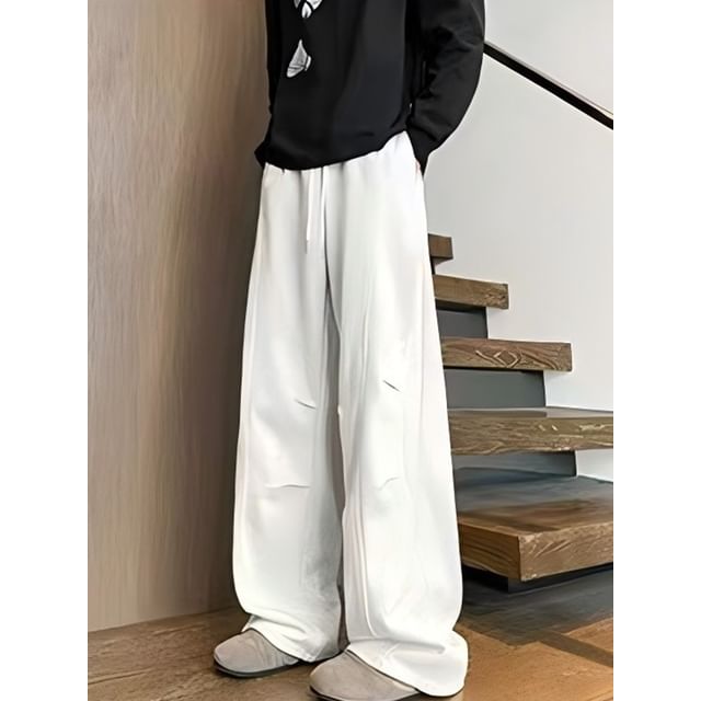 Posive-Drawstring Waist Plain Ruched Baggy Sweatpants