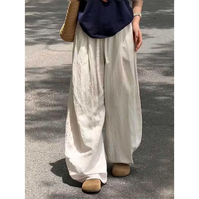 Posive-Drawstring Waist Plain Wide Leg Pants