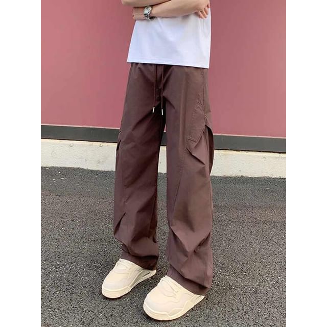 Posive-Drawstring Waist Plain Wide Leg Pants