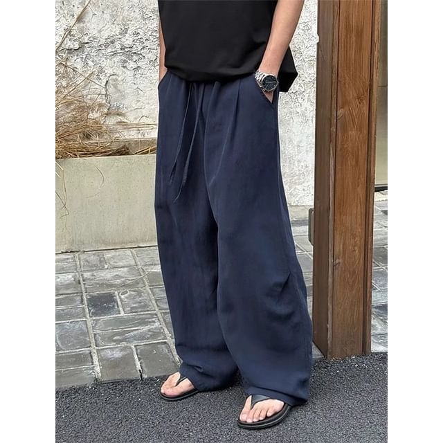 Posive-Drawstring Waist Plain Wide Leg Pants