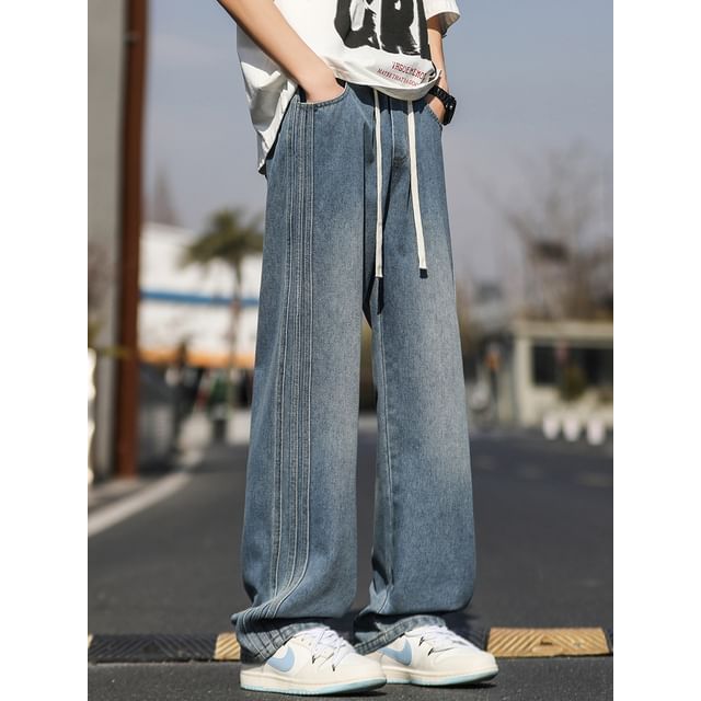 Posive-Drawstring Waist Washed Loose Fit Jeans