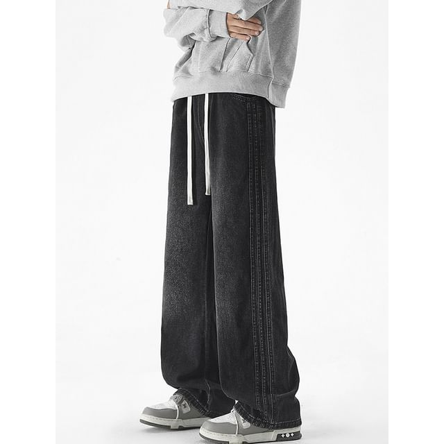Posive-Drawstring Waist Washed Loose Fit Jeans