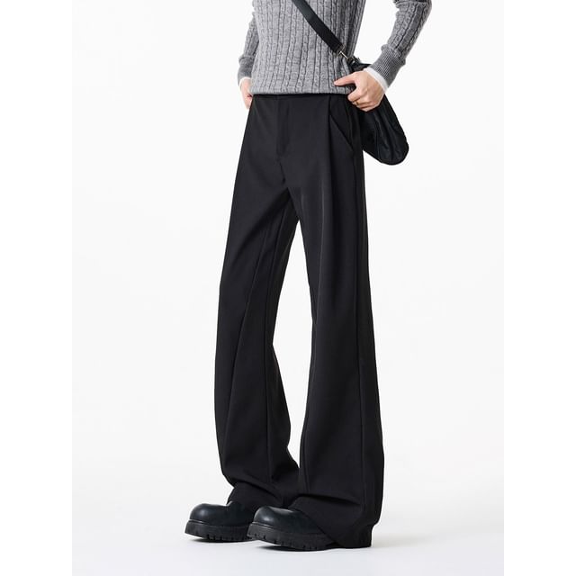 Posive-Mid Rise Plain Flared Dress Pants