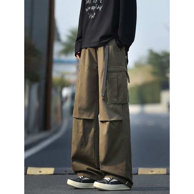 Posive-Mid Rise Plain Wide Leg Cargo Pants