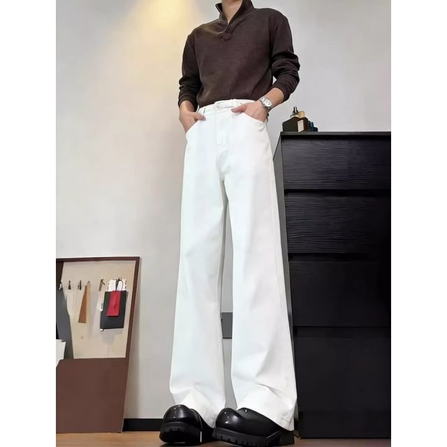 Posive-Mid Rise Plain Wide Leg Jeans