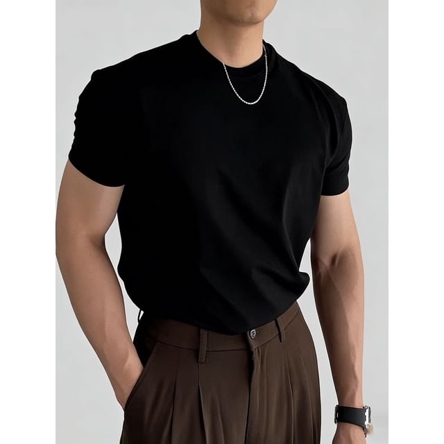 Posive-Short Sleeve Crew Neck Plain T-Shirt