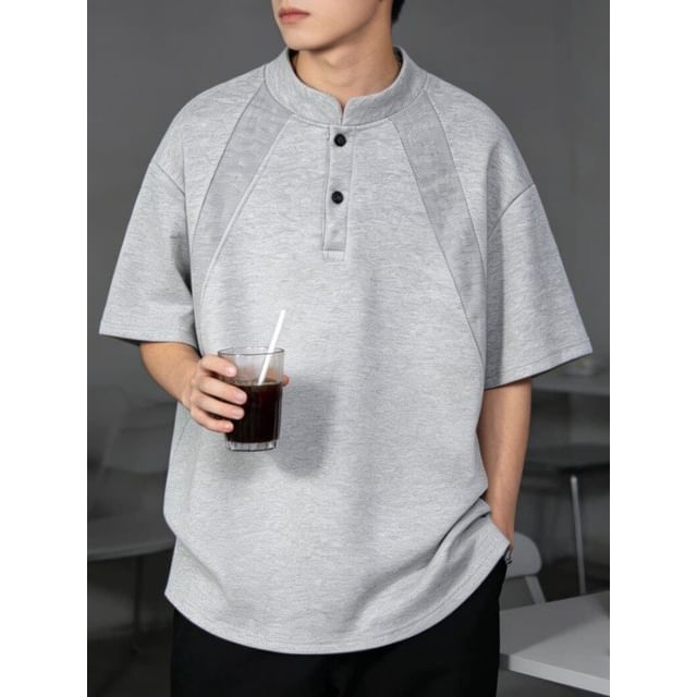 Posive-Short Sleeve Henley Plain Panel T-Shirt