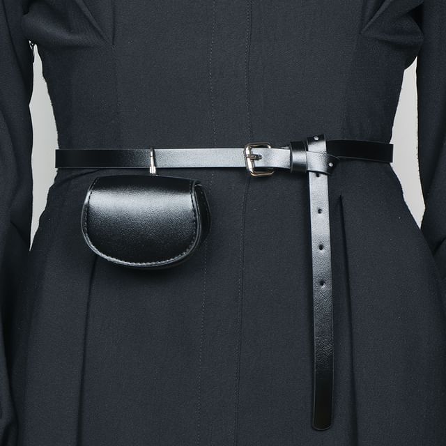 Poyol-Faux Leather Plain Pouch Thin Belt