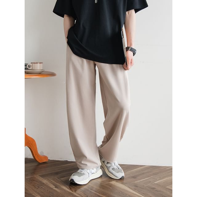 preppyfella-Elastic Waist Plain Loose Fit Pants