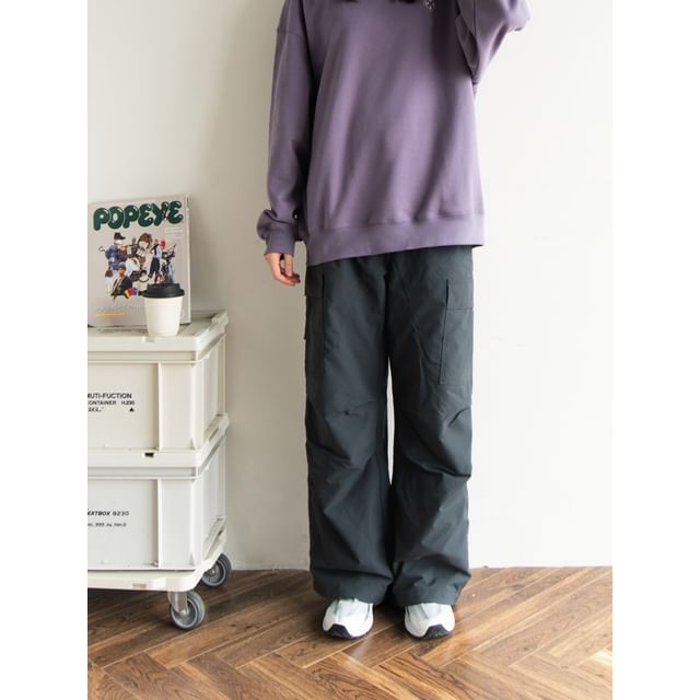 preppyfella-Mid Rise Plain Wide Leg Cargo Pants