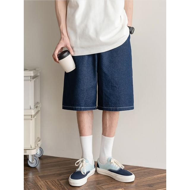 preppyfella-Mid Rise Stitched Denim Shorts