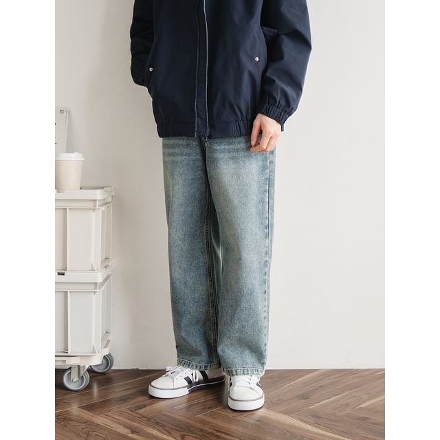 preppyfella-Mid Rise Washed Straight Leg Jeans